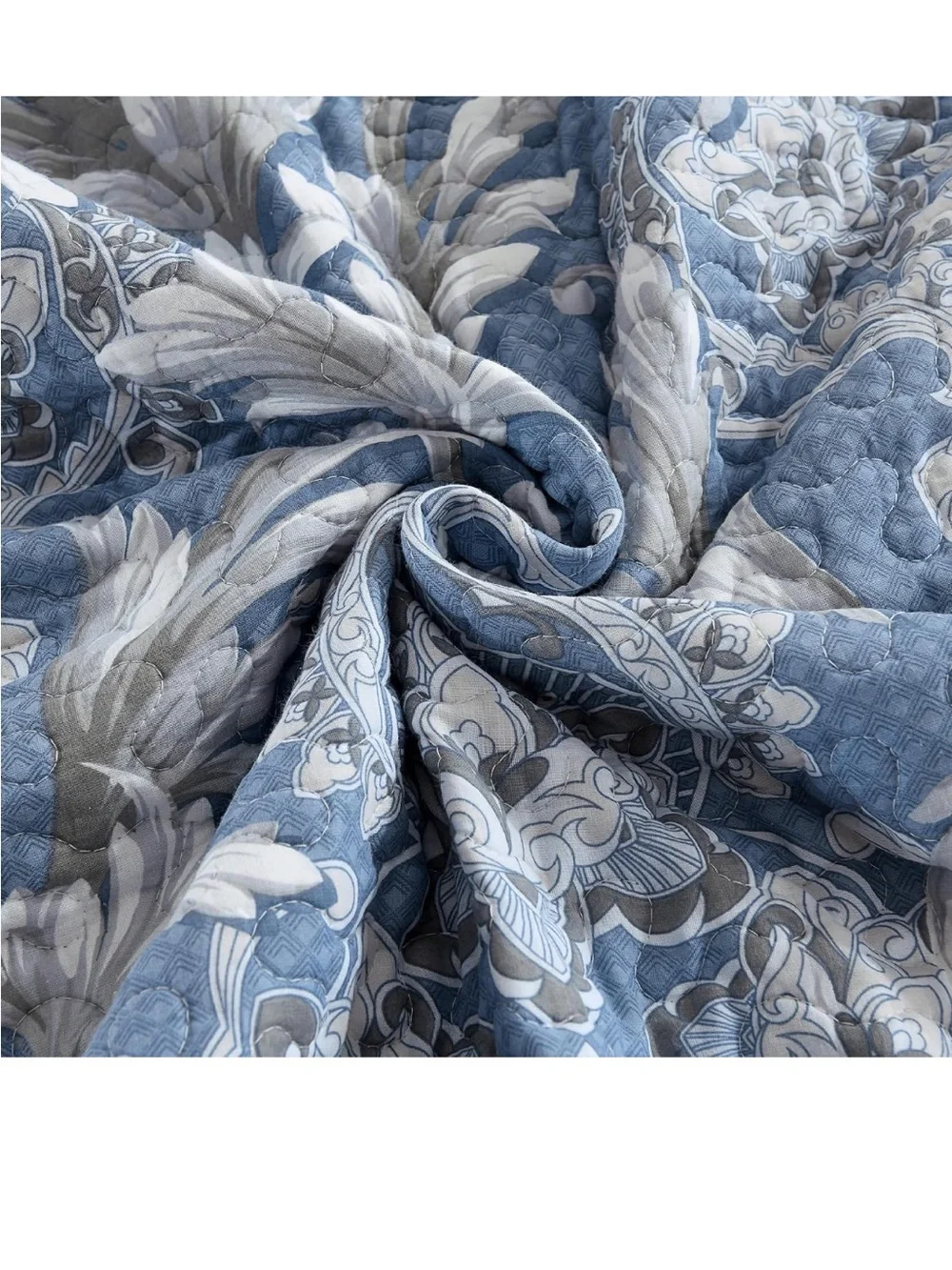 100% Cotton Blue Floral King Quilt Set Luxury Damask 106x98 3 Pcs Reversible